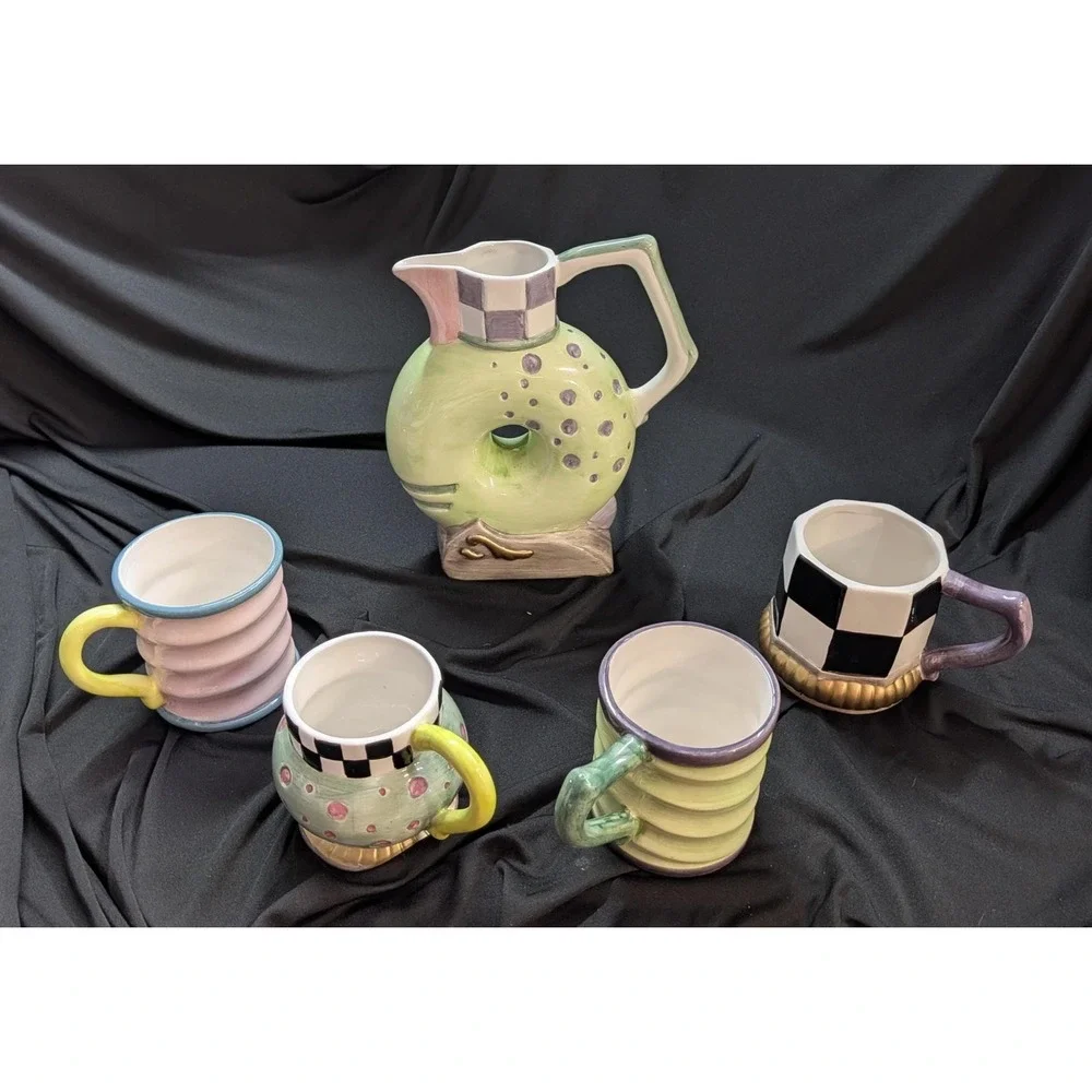 Vintage 1998 CBK Ltd Ceramic Whimsical Tea Set 5 Piece Postmodern Memphis Style